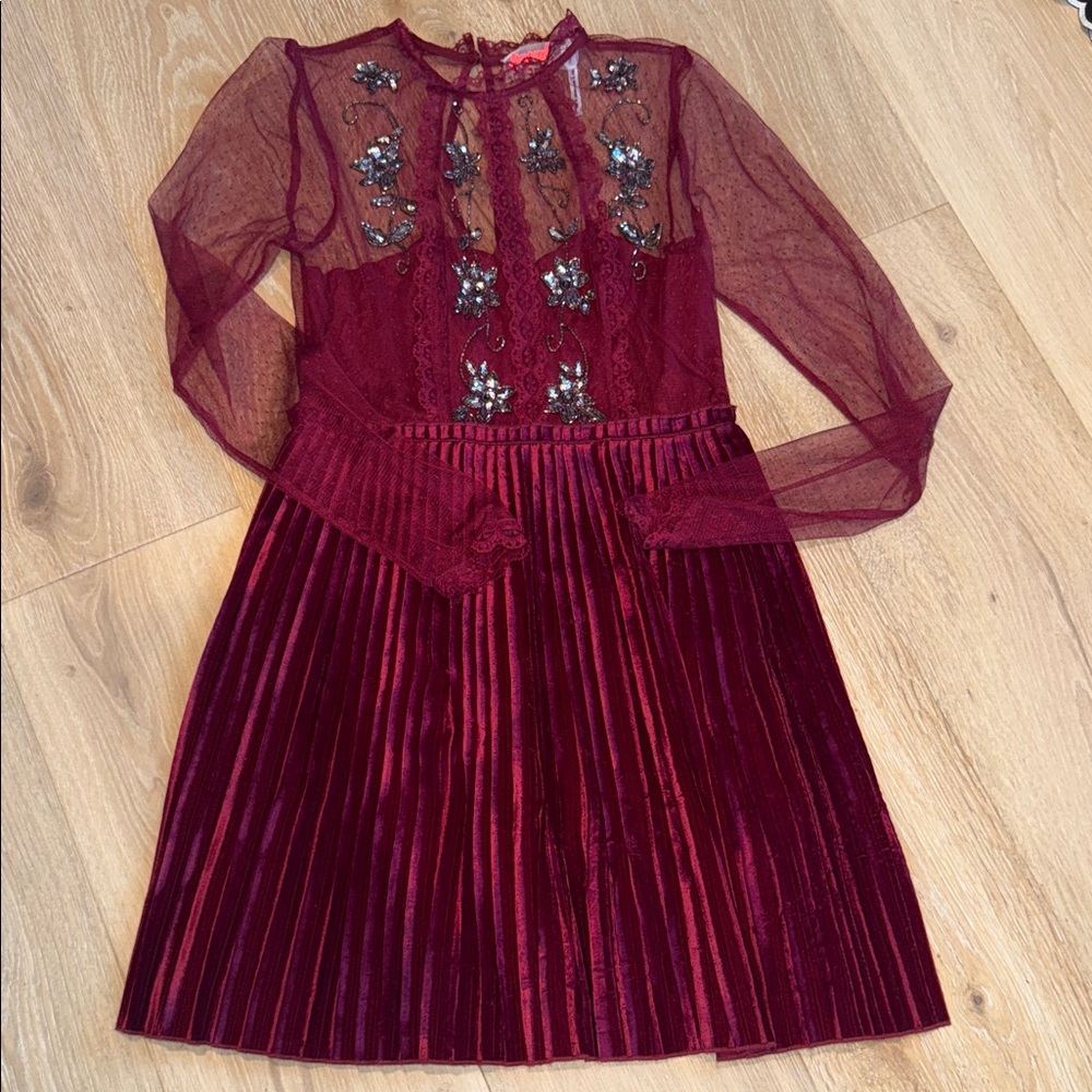 Free People Ariel Pleated Burgundy Dress